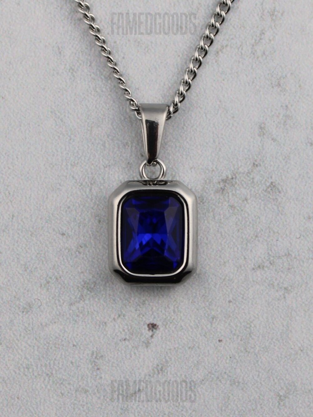 Silver Sapphire Cubic Zirconia Pendant Chain Necklace